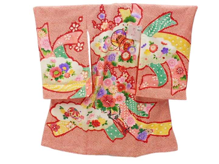 お宮参り 初着 女の子 産着 着物 一つ身 お祝い着 赤ちゃん 正絹 赤地 絞り柄 鼓 柄No.3