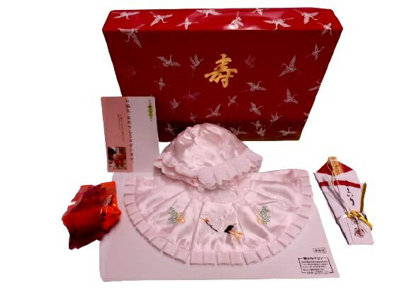 日本製 お宮参り 女の子用 帽子 フードセット ピンク フード (帽子) よだれかけ お守り袋 末広扇子の4..