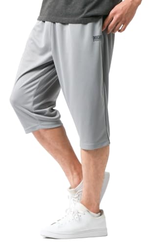 [ディスカス]ジャージパンツ メンズ 夏 7分丈 メッシュ 吸汗速乾 ハーフパンツ ジャージ 下 クロップド ボトムス イージーパンツ 速乾 ドライ スポーツ トレーニング ライトグレー LL