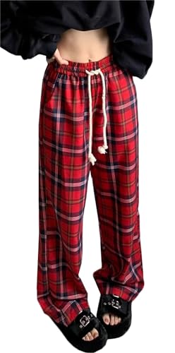 [TAITENG] レディース ロングパンツ チェック柄 ワイドパンツ ウエストゴム ストレートパンツ トレンド ゆったり ボトムス 春 夏 秋 おしゃれ(Pレッド)