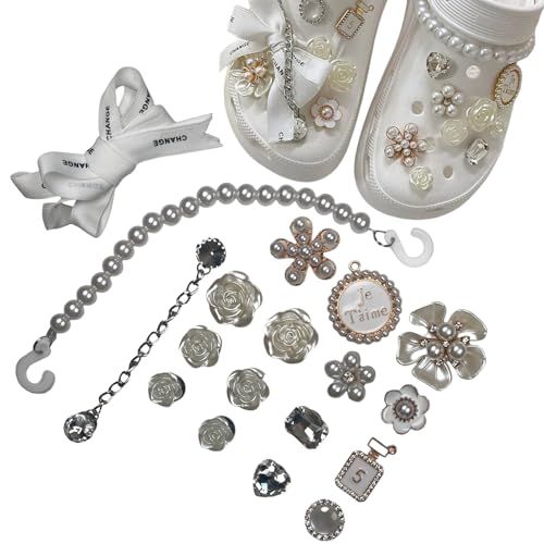 ホワイト リボン フラワー パール チェーン 18個 クロックス ジビッツ シューチャーム クロッグアクセ..