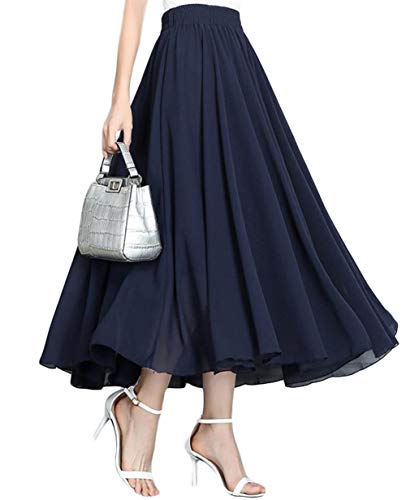 [ShuMing]シフォン スカート レディース ふんわり ロングスカート プリーツ ファッション フレアスカート ハイウェスト 着痩せ Aライン ロング丈 無地 ネイビー 夏(freesizeネイビー)