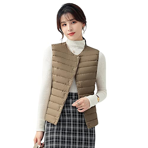 CLAZOLIY ダウンベスト レディース インナー ウルトラライト ダウン ベスト 襟の形が変更可能です Vネック 丸首 袖無し 軽量 暖かい 防寒 細身 収納袋付き CL106 (JP, アルファベット, L, カーキ)