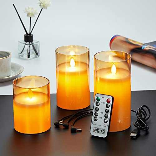 AnnTec LEDキャンドルライト ledグラス ゴールド ロウソク 本物の炎のようにゆらめく3点セット 暖色光 火を使わない ゆらゆら揺れる 安全 省エネ 専用リモコン付き 明るさ調整 USB充電式 LEDキャ