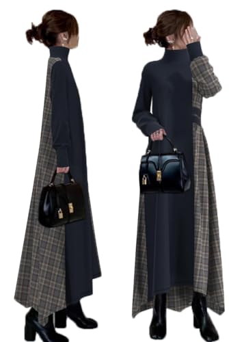 [YINGDIE] レディース ドッキングワンピース ロングワンピース マキシワンピース チェック柄 ニット ワンピース 重ね着風 ドレス 切り替え フリル フレア ギャザー プリーツ アシンメトリー
