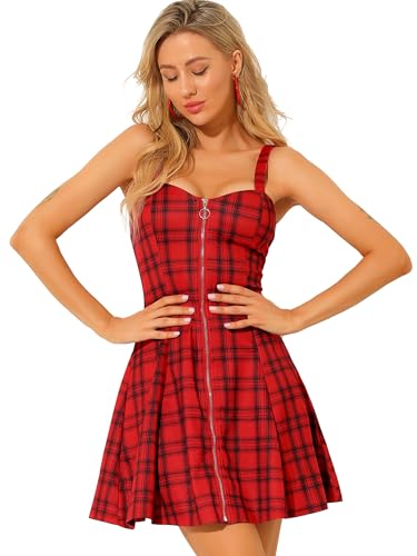 [Allegra K] ワンピース チェック柄 ストラップ ジッパーフロントノースリーブ レディース レッドブラック XL