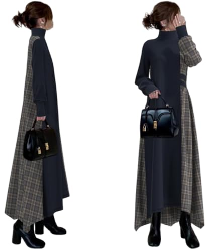 [YUANYUAN]チェック柄ワンピース レディース セーターワンピース ドレス 冬服 秋服 ドンキング カラーマッチング 長袖 ハイネック ロング丈 ジップアップ 可愛い お洒落 カジュアル ゆったり