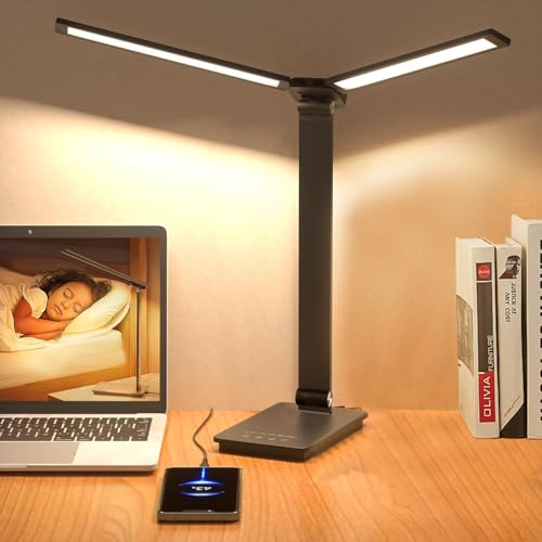 CATELLANE デスクライト 卓上ライト LEDライト ダブル光源 目に優しい 800lm 明るい 超高輝度 新型 節電【多角度調整/5段階調色/無段階調光/高演色性/12W省エネ/子供 勉強用】電球色・昼白色・昼