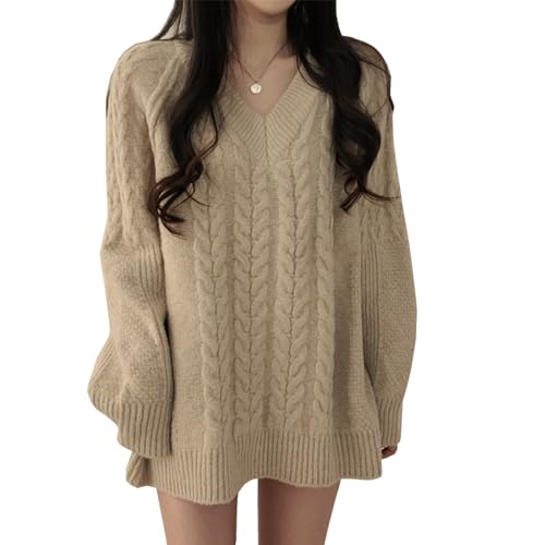 [OGCPWYQZ] セーター レディース Vネック ニット トップス ゆったり ロング 大きめ オーバーサイズ ケーブル編み プルオーバー 柔らかい あたたかい おしゃれ カジュアル通勤 上品 無地 秋 冬