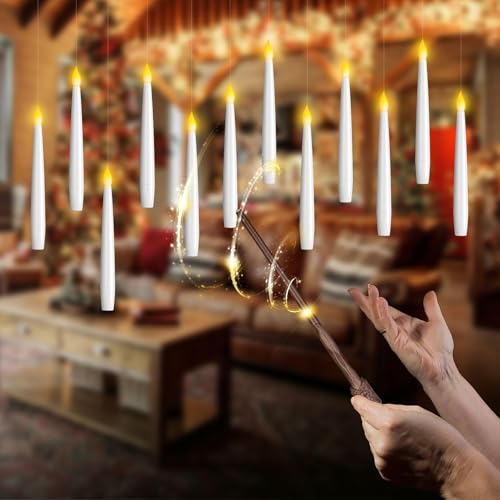 杖付き無炎フローティングキャンドル、12PCSちらつくLEDキャンドルライト、ワンドリモコン&タイマー付き吊り下げキャンドル、ホームチャーチクリスマスウェディン...