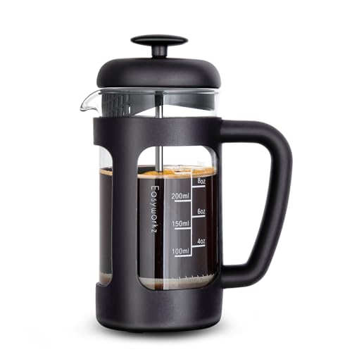 Easyworkz フレンチプレス 耐熱ガラス コーヒー & ティー専用 ソフトグリップ 350ml (3カップ) ブラック