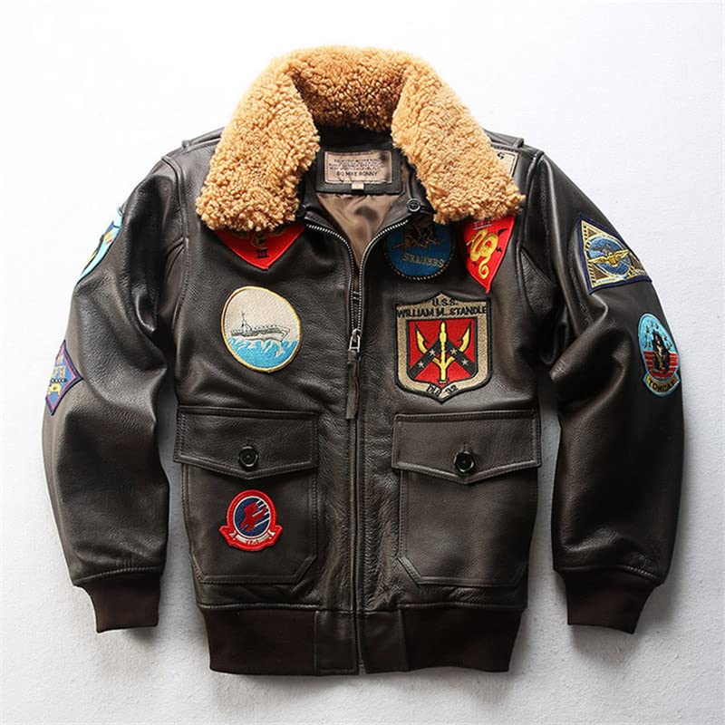 [VIIBOY] 本革フライトジャケット トップガンモデル 本革ジャケット ワッペン付き 刺繍 レザージャケット ウール襟 中綿入り 革ジャン アメリカ空軍服 牛革 防寒 メンズ (L, A)