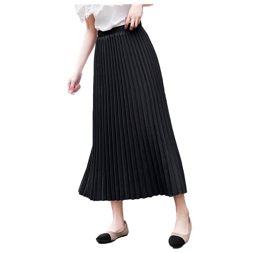 [Kai La Nalu] プリーツ スカート aライン レディース ウエスト ゴム フレア ロング マキシ ミモレ ひざ 丈 上 下 サテン (XL, ブラック/黒)