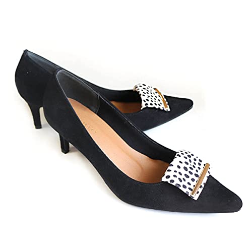 [アミアミ] パンプス レディース 6cmヒール ポインテッドトゥ 歩きやすい 美脚 KH7542 (L(24.0cm), ブラック(スエード)×ダルメシアン)