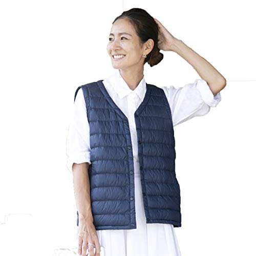 [wangyi gensen] ダウンベストレディース インナーダウン ウルトラライトダウン 軽量 防寒 暖かい シンプル (ネイビー L)