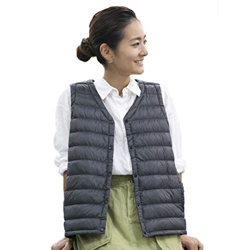 [wangyi gensen] ダウンベストレディース インナーダウン ウルトラライトダウン 軽量 防寒 暖かい シンプル (グレー XL)