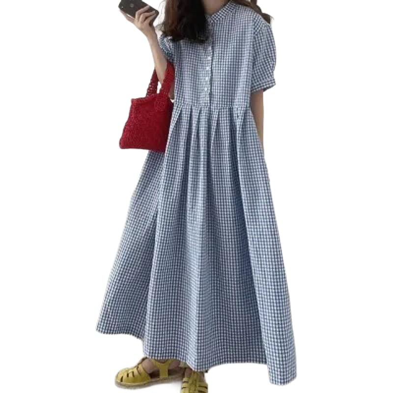 [cnstone] シャツワンピース 夏 半袖 マキシワンピース レディース ゆったり ロング丈 チェック柄 カジュアル 体型カバー シンプル きれいめ 普段着 (JP, アルファベット, L, ブルー)