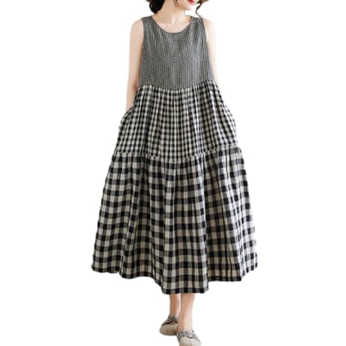 [JoccKorr] チョッキ ワンピース レディース ロングワンピース 半袖 綿麻 シャツ ワンピース ノースリーブ チェック柄 ドレス 丸襟 マキシ丈 大きいサイズ ゆったり カジュアル ファッション