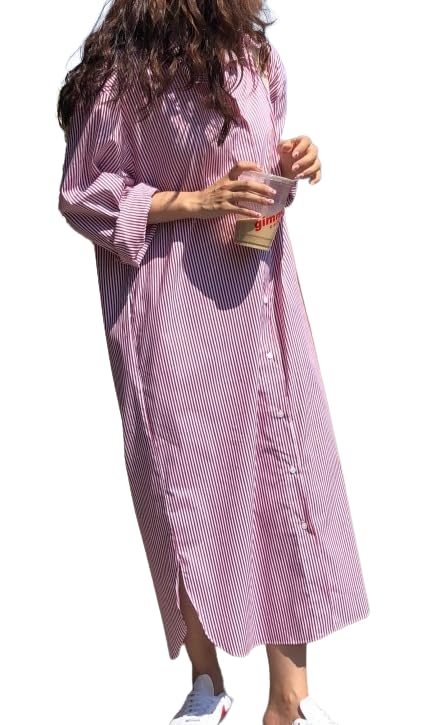 [andrei] ワンピース シャツ ロング マキシ丈 羽織 長袖 体型 カバー ストライプ カジュアル シンプル 抜け感 ツーウェイ 春 夏 秋 レディース (レッド, M)
