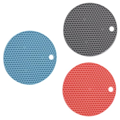鍋敷き シリコン 丸型 滑り止め 吸水 柔らかい 断熱のコースター 卓上保護 多機能 簡単な洗浄 サスペンション収納可能 ブルー+ピンク+グレー 3個入り