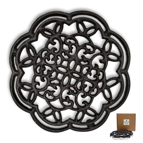 tatiuh 鍋敷き 釜敷き トリベット 鉄 金属製（鋳鉄） 19.5cm 3デザイン（レース・フクロウ・魚）選べる 耐熱 滑り止め ダッチオーブン・鉄瓶対応 おしゃれ レトロ 北欧 プレゼントに最適（レー