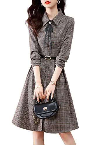[Chubikime] ワンピース レディース シャツワンピース 長袖 チェック 膝丈 Aライン ベルト付き 折り襟 きれいめ 着痩せ 秋 冬 春 おしゃれ