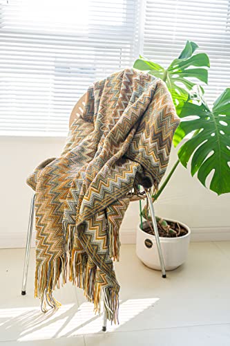 ブランケット 毛布 おしゃれ ひざ掛け 掛け毛布 大判 北欧 ニット ボヘミアン柄 肩掛け 着る毛布 プレゼント 秋冬用 洗える 防寒 エアコン対策 通年使用 フリンジ付き (黄色)