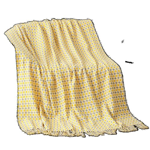 【ChopEase】毛布 ベッドブランケット、スロー、アメリカンルーラルスタイル、ニット、シンプルなスタイル、イエローチェックニット、用軽量、ソファ、ソファ夏用 (イエロー,130*240)
