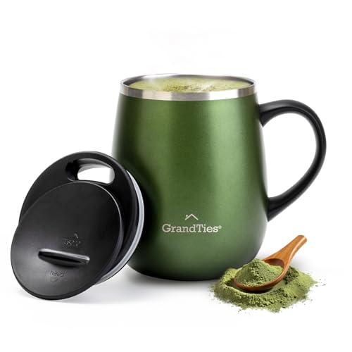 GRANDTIES グランタイズ 全19色 プレミアム真空断熱マグカップ 460ml 簡単開閉スライド蓋付き ステンレス製 二重壁真空断熱構造 保温・保冷機能付き オフィスでも人気(エメラルドグリーンメタ