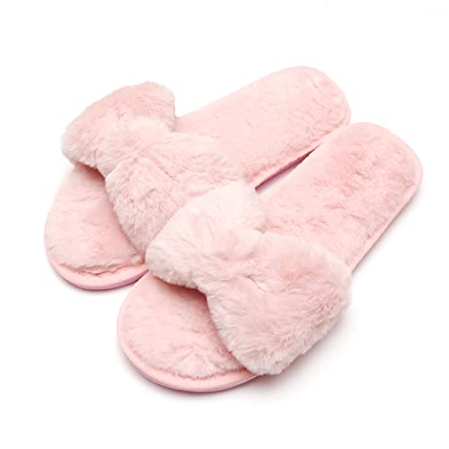 [CROWNCAT] ルームシューズ かわいい スリッパ ふわふわ ボア 温かい リボン レディース 室内 ファー サンダル おしゃれ ピンク L