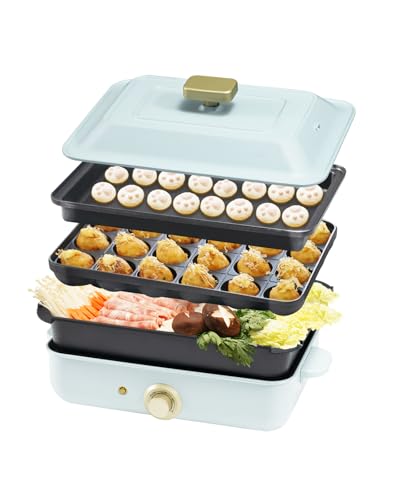 SOLEMOOD ホットプレート 焼肉 たこ焼き 3枚のプレート付き 多用途 しゃぶしゃぶ グリル鍋 深鍋 焼肉プレート すぐに温まる プレート取り外し可能 着脱式 1台多役 A4サイズ 1200W おしゃれ かわ