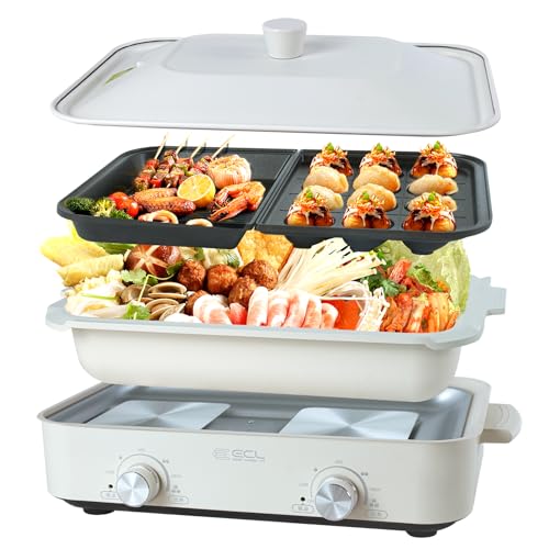ホットプレート 焼肉プレート グリル鍋 1200W セパレートホットプレート 夫々温度調整 グリルプレート/深鍋プレート/たこ焼きプレート付き 蓋付き ECL 1台多役 お手入れ簡単 コンパクト 焼き
