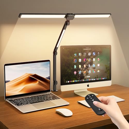 【2025新登場】SHANHE デスクライト LED リモコン付き 3光源Max版 環境補助光 独立制御 2000Lx クランプ式 電気スタンド 多角度調節 無段階調光 4段階調色 24W 幅広 スタンドライト 目に優しい 卓