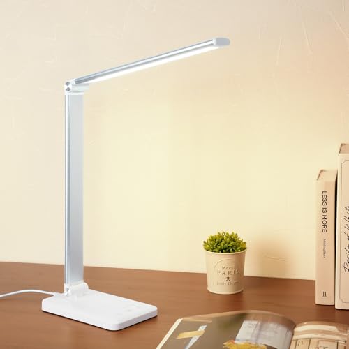 atRise [アットライズ] デスクライト led 折りたたみ 【目に優しい 手元を明るく照らす】5段階調色 10段階調光 usb充電式 コードレス タイマー機能 USBポート搭載 6カラー (シルバー-A)