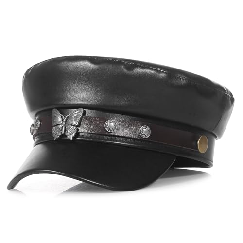 [EOZY] PUレザー マリンキャップ キャスケット ワークキャップ マリンハット 学生帽 レディース メンズ ツバ付き おしゃれ 小顔効果 自転車 帽子 UVカット つば広 紫外線対策 日よけ帽 女優帽