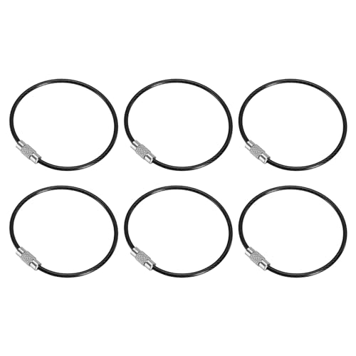 [PATIKIL] 150 mm長さ ワイヤーキーホルダーケーブル 6個 ステンレス鋼 2 mm キーホルダーループ アウトドア ハイキング 吊り下げ荷物タグ キー IDカード用 黒
