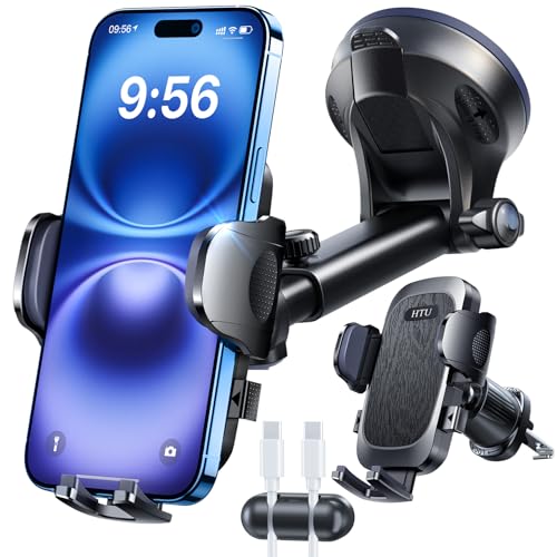 HTU スマホホルダー [アップグレード版 360°回転ベース] 車載電話ホルダー 超吸引力吸盤ベント 片手操作伸縮アーム iPhone17 16 15 14 13 12 Pro Max Mini Xperia 4-7インチ全機種対応 99%の車種に対応 (ブ