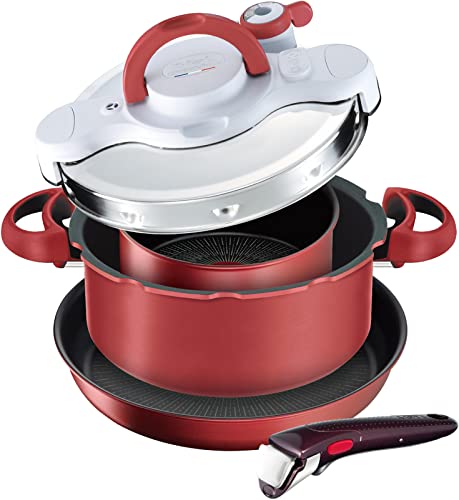 T-fal【オンライン】 ティファール 取っ手のとれる 鍋 フライパン 圧力鍋 4点セット IH ガス火対応 「オール・イン・ワン セット」 P4704233 ルージュ アルミニウム