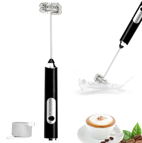 ハンドヘルド電動ミルク泡立て器 USB充電式 3段階速度調節可能 取り外し可能な小型ミルクフォーマー コーヒー、ラテ、抹茶、ホットチョコレート用 ブラック