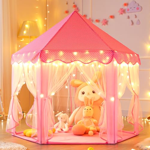 キッズテント 女の子のおもちゃハウス 可愛い子供用テントハウス プリンセスの城型 折り畳み式 キラキラLEDスターライト付き 知育玩具 秘密基地 室内遊具 簡単に組立 お誕生日 出産祝い ク