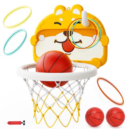 バスケットゴール 壁掛け Skirfy 子供のおもちゃ 2in1遊び方 ドア掛け バスケットボール おもちゃ 輪投げゲーム ボール2個 六つの輪 粘着フック 吸盤付き 室内 屋外兼用 多場面使用 折り畳み式