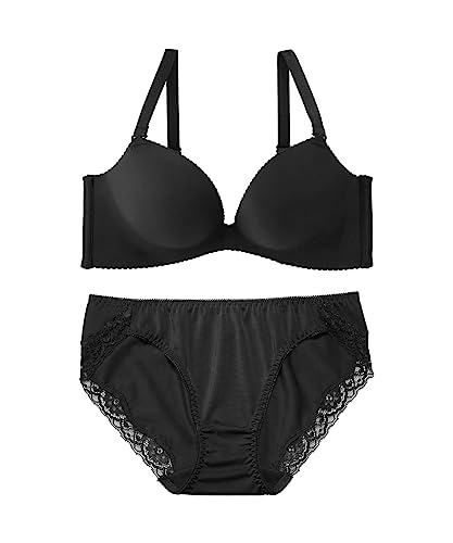 [エメフィール] ノンワイヤー 超盛ブラ(R) シームレス ブラジャー&ショーツ (上下セット/L/ブラック/無地) レディース 下着 ブラ セクシー 可愛い