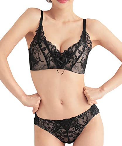 [エメフィール] プリンセスバスト 超盛ブラ (R) ブラジャー ショーツセット (E70 / ブラック/上下セット) レディース 下着 可愛い セクシー 盛りブラ 脇高ブラ