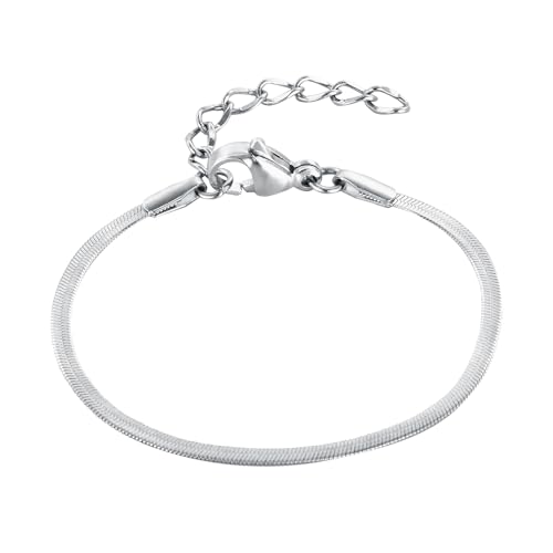 ブレスレット レディース 金属アレルギー対応 ステンレス ゴールド&シルバー フラットチェーン 調節可能 シンプルデザイン プレゼント ギフト用 母の日 (シル...