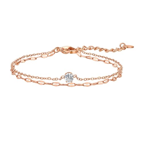 Yoursfs 二層 錆びない ブレスレット レディース ゴールド ステンレス 一粒ダイヤ ブレスレット シンプル ファッション 腕輪 アクセサリー