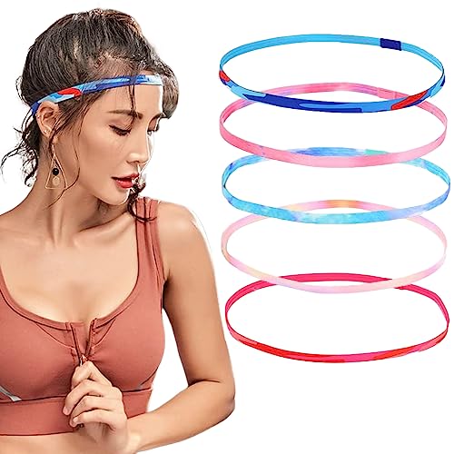 Turkalla ヘッドバンド 5本パック スポーツヘッドバンド ヘアバンド 汗止めヘアバンド 細めタイプ シリコン 滑り止め 髪留め 伸縮性 吸汗速乾 抗菌防臭 洗顔・運動用 男女兼用（B）