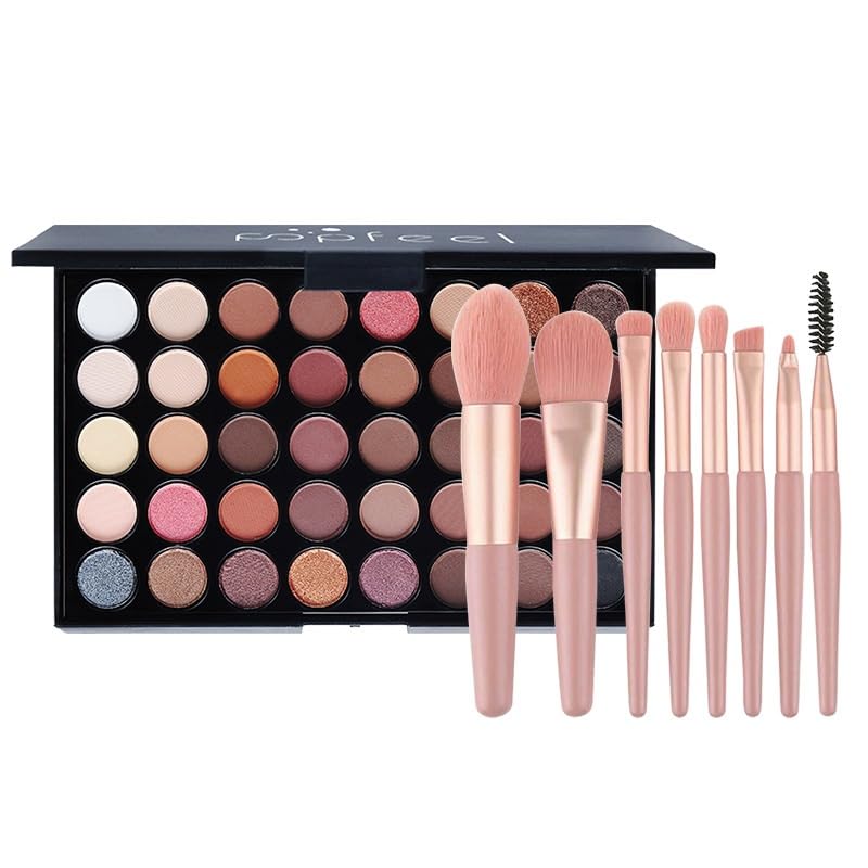 POPFEEL 美しメイクアップキット、40色のアイシャドウパレット&8本のメイクアップブラシセット、ボードの高着色のグリッターマットアイシャドウの回転真珠光沢...