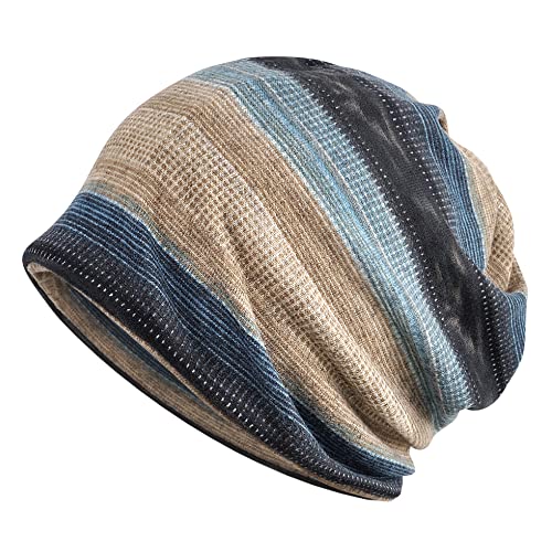 [京都おかげさまで] ボーダー ニット帽 3way ネックウォーマー ヘアバンド 薄手 秋 冬 ふんわり レディース メンズ (タン×ターコイズ)