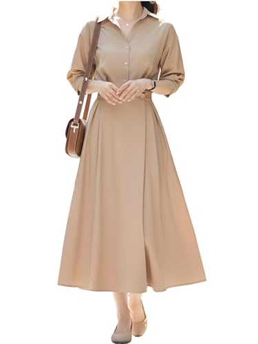 [グリーンティー] ロングフレアワンピース ウエストマーク 襟付き きれいめ 長袖 レディース