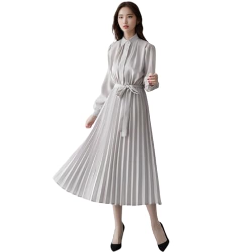 [blue beryl] [ブルーベリル] 【当社オリジナルカラー】 シフォンワンピース ロング プリーツ レディース 長袖 低身長 長袖ワンピース シャツワンピース すてき グレー BB054-GY-XL